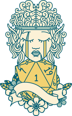 Retro Tattoo Stili üzgün elf barbar karakter yüzü ve bir insan tarafından çizilmiş doğal bir D20 rulo.