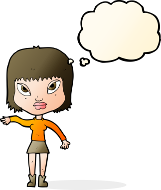 Bir insan tarafından çizilen düşünce baloncuğuyla jest yapan çizgi film kadını.