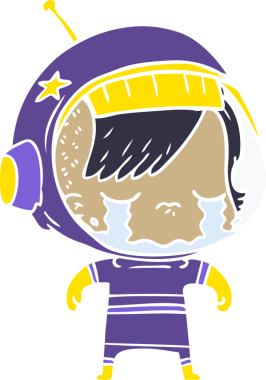 Düz renkli çizgi film ağlayan astronot kız bir insan tarafından çizilmiş.