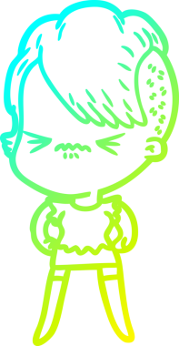 Bir çizgi film karakteri çizen soğuk gradyan, bir insan tarafından çizilmiş hippi bir kız.