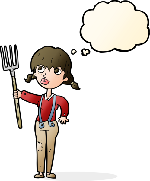 Bir insan tarafından çizilmiş düşünce balonlu çiftçi kız.