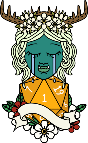 Retro Dövme Tarzı Ağlayan Ork barbar karakter yüzü ve bir insan tarafından çizilmiş doğal bir D20 rulo