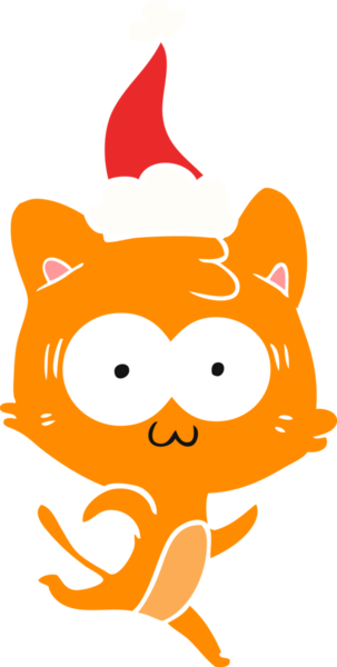 Bir insan tarafından çizilmiş Noel Baba şapkasıyla koşan şaşırmış bir kedinin el çizimi.