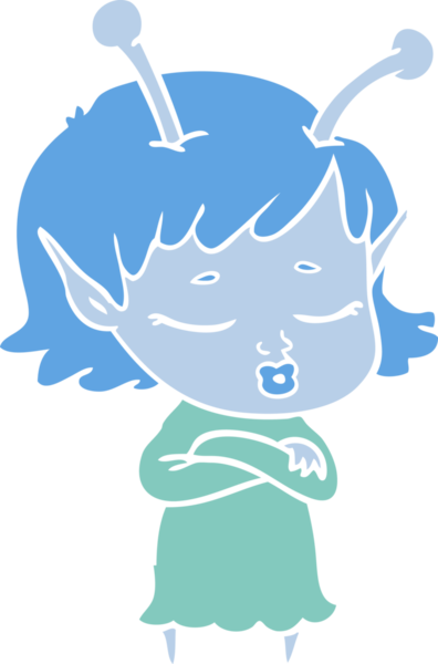 Tatlı uzaylı kız düz renkli çizgi film bir insan tarafından çizilmiş.