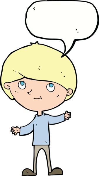 Bir insan tarafından çizilmiş konuşma balonu olan mutlu bir çocuk.