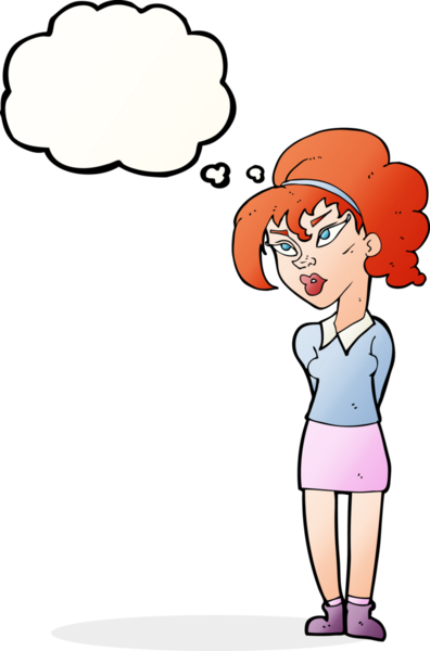Bir insan tarafından çizilmiş düşünce baloncuğuyla başını eğen güzel kız.