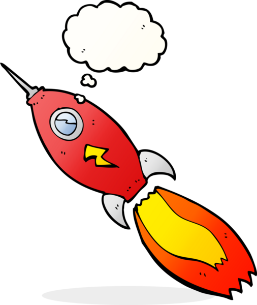 Bir insan tarafından çizilmiş düşünce baloncuklu çizgi roket.