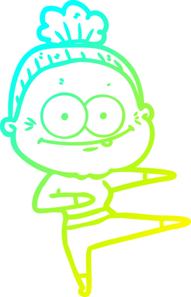 Bir insan tarafından çizilmiş, mutlu, yaşlı bir kadının çizimi.