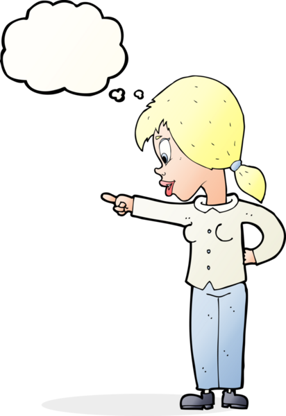 Bir insan tarafından çizilmiş düşünce balonunu işaret eden karikatürist hevesli kadın.