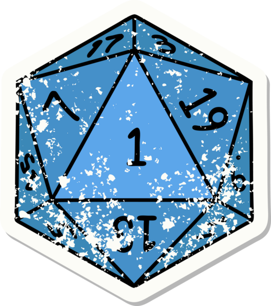 Bir insan tarafından çizilmiş 1 D20 zarının grunge sticker 'ı