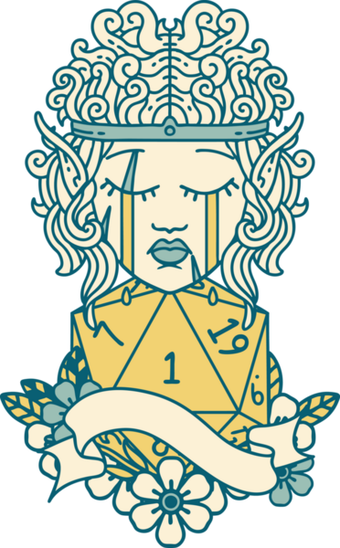 Retro Tattoo Stili üzgün elf barbar karakter yüzü ve bir insan tarafından çizilmiş doğal bir D20 rulo.