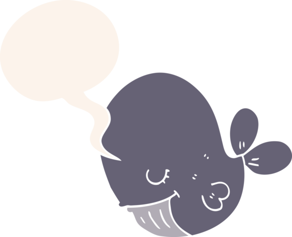 Konuşma baloncuğu olan çizgi film balinası insan tarafından çizilmiş.