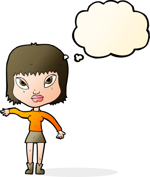 Bir insan tarafından çizilen düşünce baloncuğuyla jest yapan çizgi film kadını.