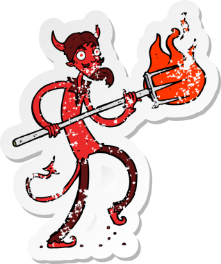 Bir insan tarafından çizilmiş dirgenli bir şeytan çizgi film çıkartması.