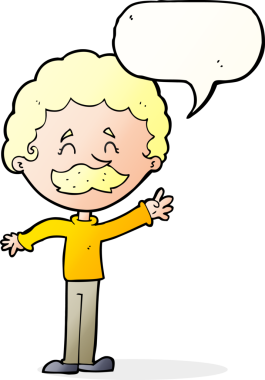 Bir insan tarafından çizilmiş konuşma baloncuğuyla bıyıklı çizgi film adamı.