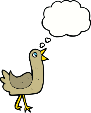 Bir insan tarafından çizilmiş düşünce baloncuklu çizgi film kuşu.