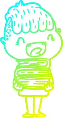 Bir insan tarafından çizilmiş yeni kitapları olan mutlu bir çocuğun soğuk çizgi çizimi.