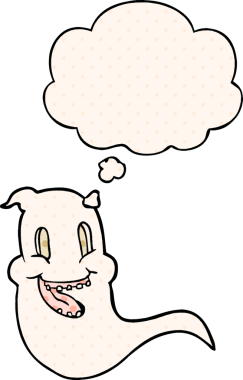 Çizgi roman tarzında bir insan tarafından çizilmiş düşünce baloncuğu olan hayaletli bir çizgi film.