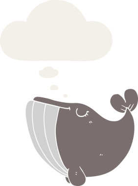 Düşünce baloncuğu olan karikatür balinası insan tarafından çizilmiş.