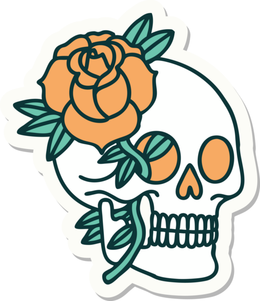 Geleneksel kafatası stili dövme çıkartması ve bir insan tarafından çizilmiş gül.