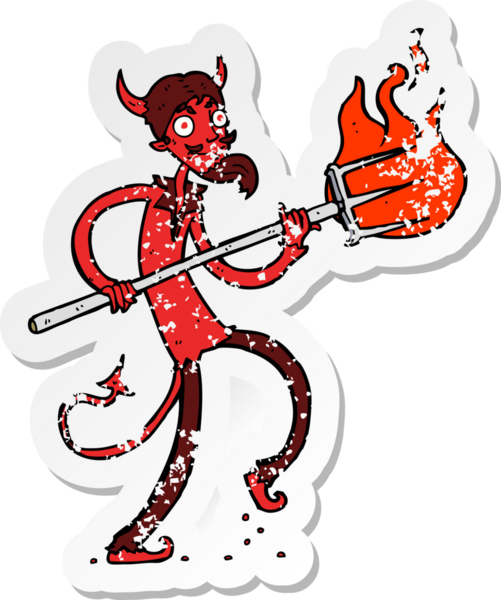 Bir insan tarafından çizilmiş dirgenli bir şeytan çizgi film çıkartması.