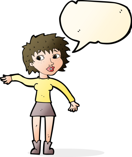 Bir insan tarafından çizilmiş konuşma balonuyla el sallayan karikatür dostu kadın.