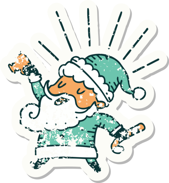 Dövme stili eski bir çıkartma. Noel Baba karakteri. Bir insan tarafından çizilmiş.