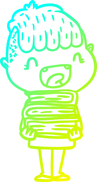 Bir insan tarafından çizilmiş yeni kitapları olan mutlu bir çocuğun soğuk çizgi çizimi.