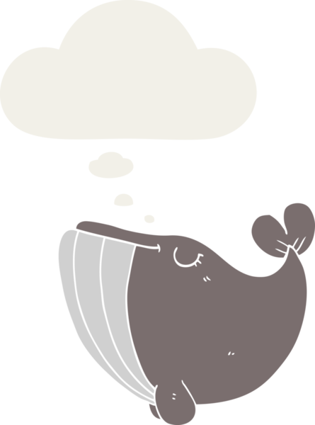 Düşünce baloncuğu olan karikatür balinası insan tarafından çizilmiş.