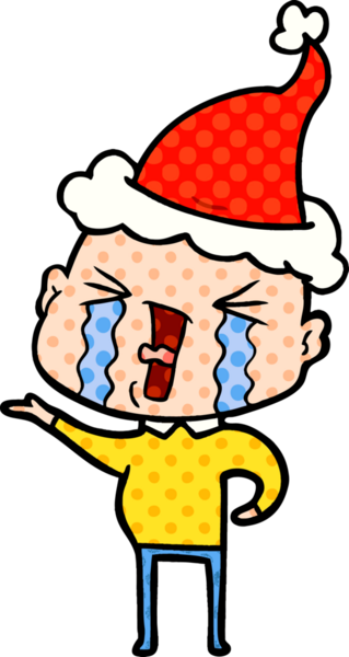 Bir insan tarafından çizilmiş Noel Baba şapkası giymiş ağlayan kel bir adamın el çizimi çizgi roman çizimi.