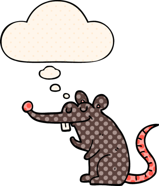 Çizgi roman tarzında düşünce baloncuğu olan çizgi film faresi insan tarafından çizilmiş.