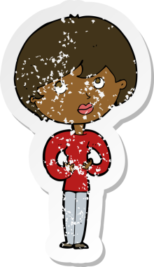 Bir insan tarafından çizilen Kim Ben jestini yapan karikatürlü bir kadının gerilimli çıkartması.