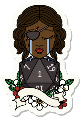 Ağlayan bir insan hırsızının çıkartması. Bir insan tarafından çizilmiş doğal bir D20 rulosu.