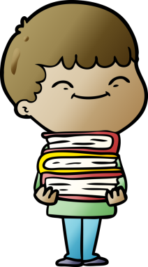 Bir insan tarafından çizilmiş kitapları olan mutlu bir çocuk.