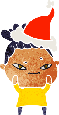 Bir insan tarafından çizilmiş Noel Baba şapkası giyen bir kadının el çizimi karikatürü.