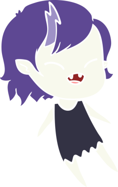 Düz renkli çizgi film. Gülen vampir kız. Bir insan tarafından çizilmiş.