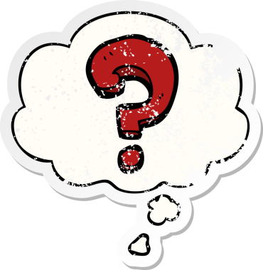 Düşünce baloncuklu çizgi film soru işareti bir insan tarafından çizilmiş yıpranmış bir çıkartma.