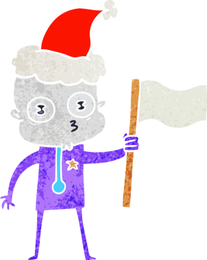 Bir insan tarafından çizilmiş Noel Baba şapkalı tuhaf kel bir uzaylının el çizimi karikatürü.