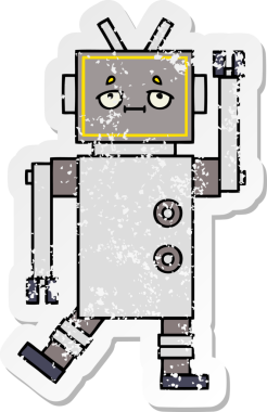 Bir insan tarafından çizilmiş sevimli bir robot çizgi film çıkartması.