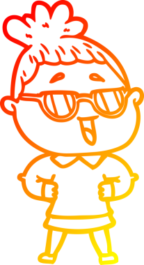 Bir insan tarafından çizilmiş gözlük takan mutlu bir kadının çizgi çizimi.