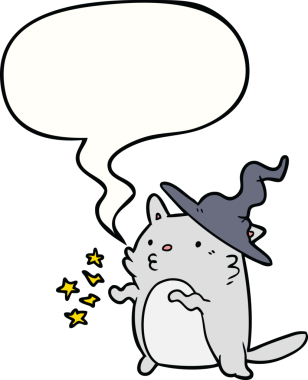 Bir insan tarafından çizilmiş konuşma baloncuğu olan büyüleyici çizgi film kedi sihirbazı.