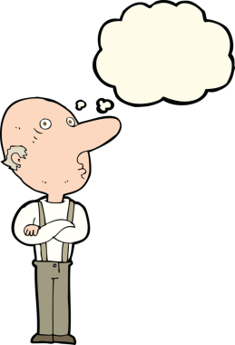 Bir insan tarafından çizilmiş düşünce balonuyla kollarını kavuşturmuş yaşlı bir adam.