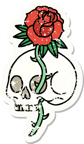 Geleneksel bir kafatası stili ve bir insan tarafından çizilmiş gül dövmesi.