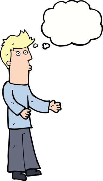 Bir insan tarafından çizilen düşünce baloncuğuyla açıklama yapan çizgi film adamı.