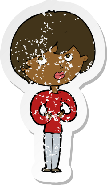 Bir insan tarafından çizilen Kim Ben jestini yapan karikatürlü bir kadının gerilimli çıkartması.