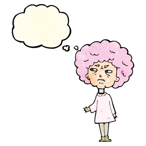 Bir insan tarafından çizilmiş düşünce balonlu yaşlı kadın çizgi filmi.