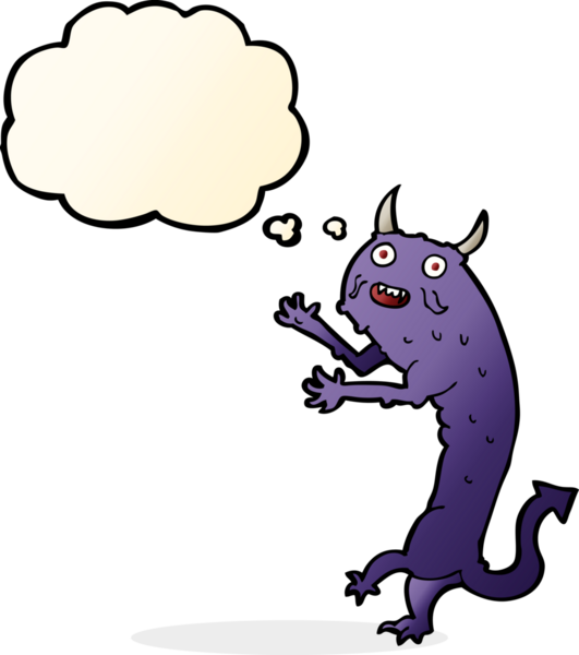 Bir insan tarafından çizilmiş düşünce balonlu çizgi film şeytanı.