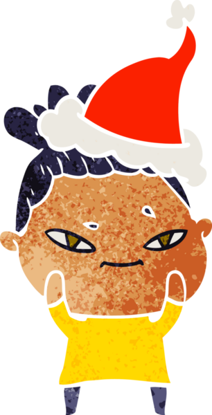 Bir insan tarafından çizilmiş Noel Baba şapkası giyen bir kadının el çizimi karikatürü.