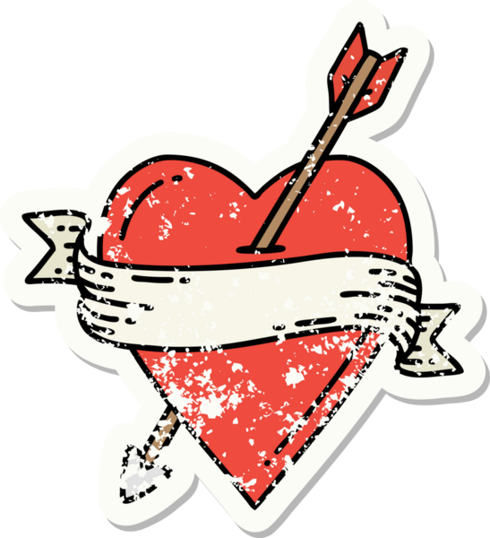 Bir insan tarafından çizilmiş ok kalp ve pankartın geleneksel stiliyle dövmesi var.