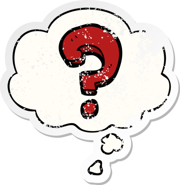 Düşünce baloncuklu çizgi film soru işareti bir insan tarafından çizilmiş yıpranmış bir çıkartma.